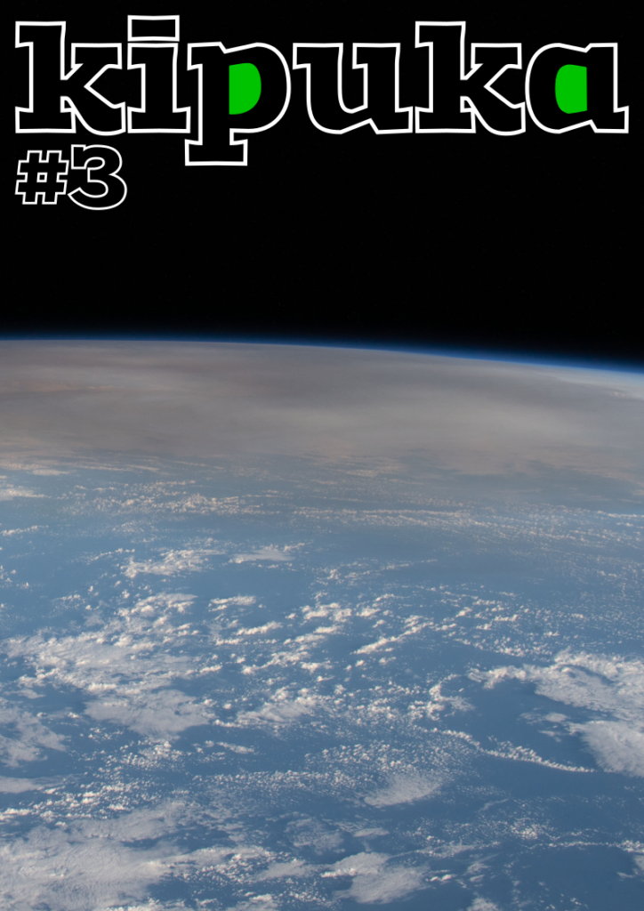 Couverture du numéro 3 de kīpuka, magazine de vulgarisation scientifique consacré aux volcans, montrant un panache de cendres volcaniques vu depuis l'espace.