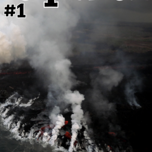 Couverture du numéro 1 de kīpuka, revue de vulgarisation scientifique consacrée aux volcans, montrant des panaches vapeur d'eau alors que la lave entre dans l'océan.