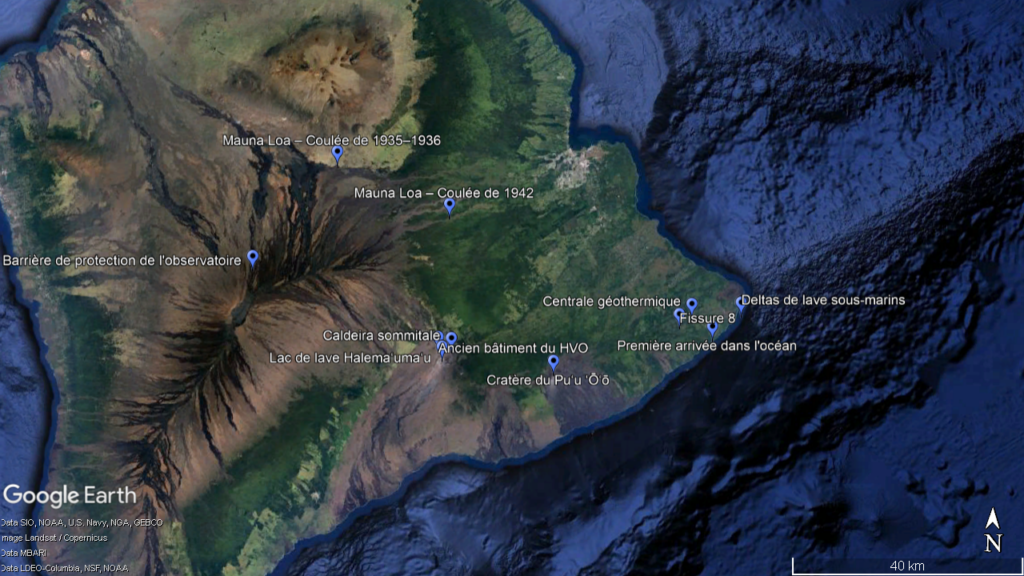 Capture d'écran de Google Earth montrant une image satellite de l'île d'Hawaï et la localisation de plusieurs points d'intérêt mentionnés dans le numéro 1 de kīpuka.