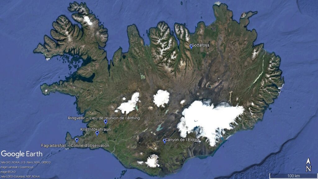 Capture d'écran de Google Earth montrant une image satellite de l'Islande et la localisation de plusieurs points d'intérêt mentionnés dans le numéro 2 de kīpuka. Les coordonnées de ces lieux sont disponibles sous forme de suppléments.