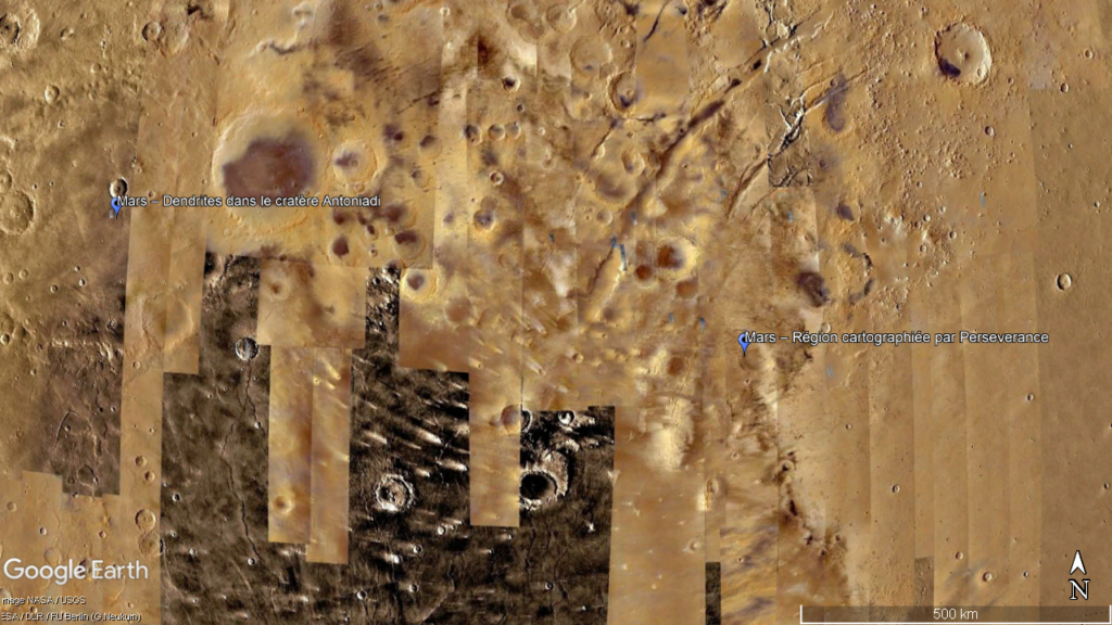 Capture d'écran de Google Earth montrant la localisation sur Mars de plusieurs points d'intérêt mentionnés dans le numéro 3 de kīpuka. Les coordonnées de ces lieux sont disponibles sous forme de suppléments.