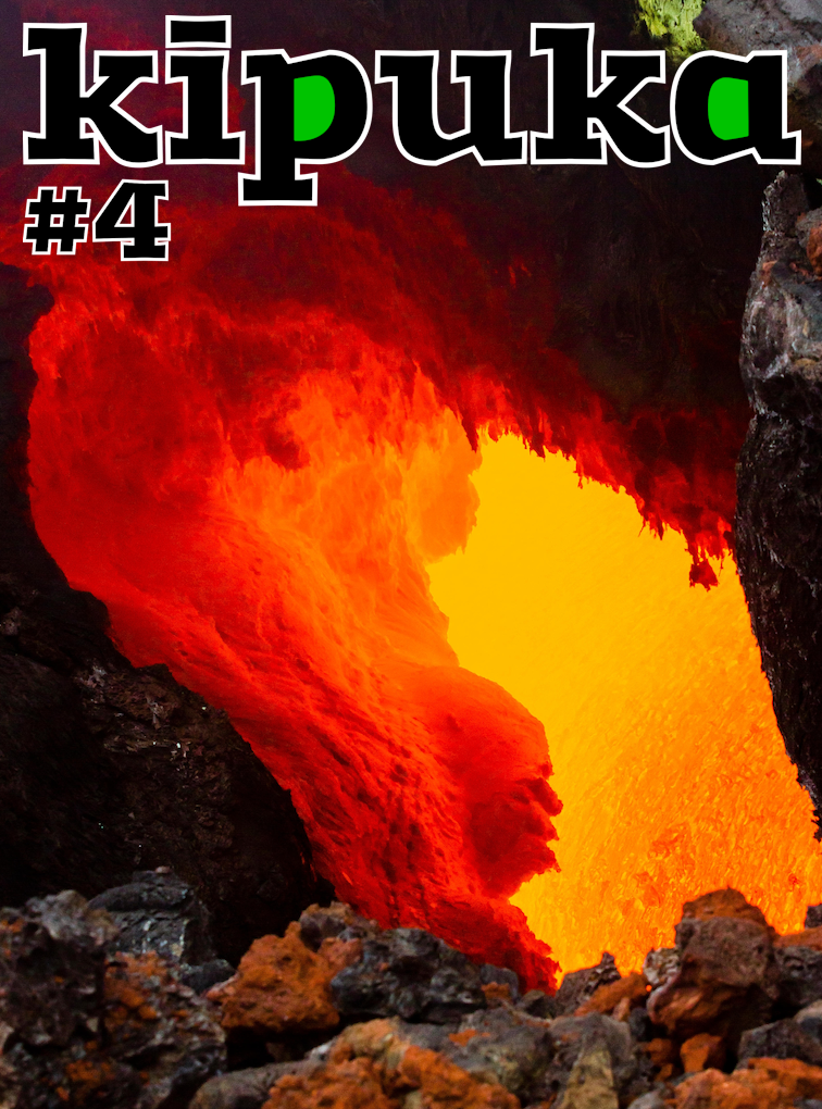 Couverture du numéro 4 de kīpuka, revue de vulgarisation scientifique consacrée aux volcans, montrant une lucarne dans un tunnel de lave actif.