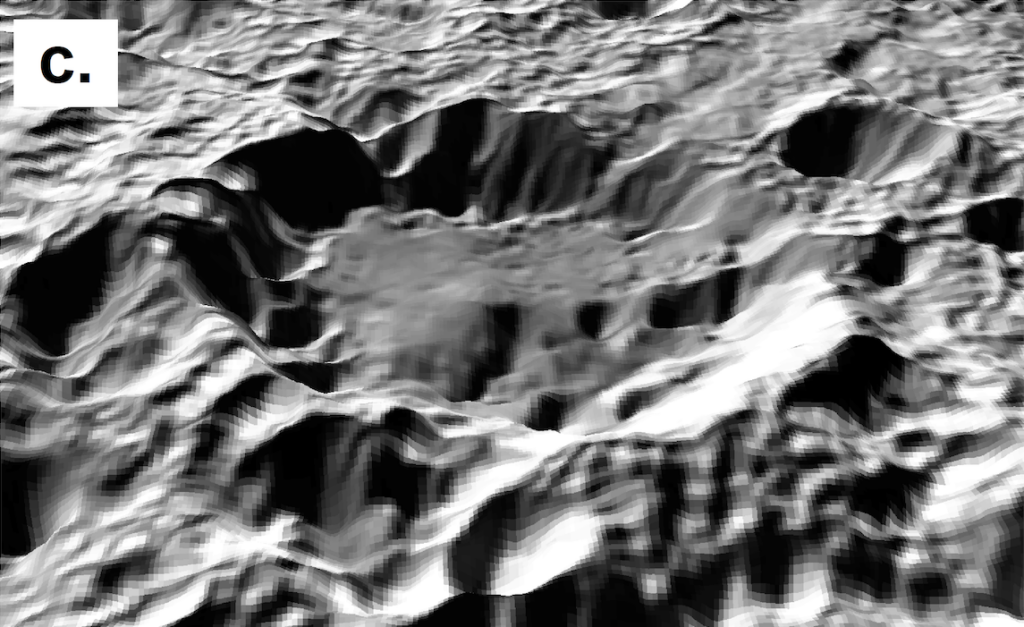 Visualisation 3D de la topographie de Kiladze, vaste dépression à la surface de Pluton. CC BY Cruikshank et al. (2023).