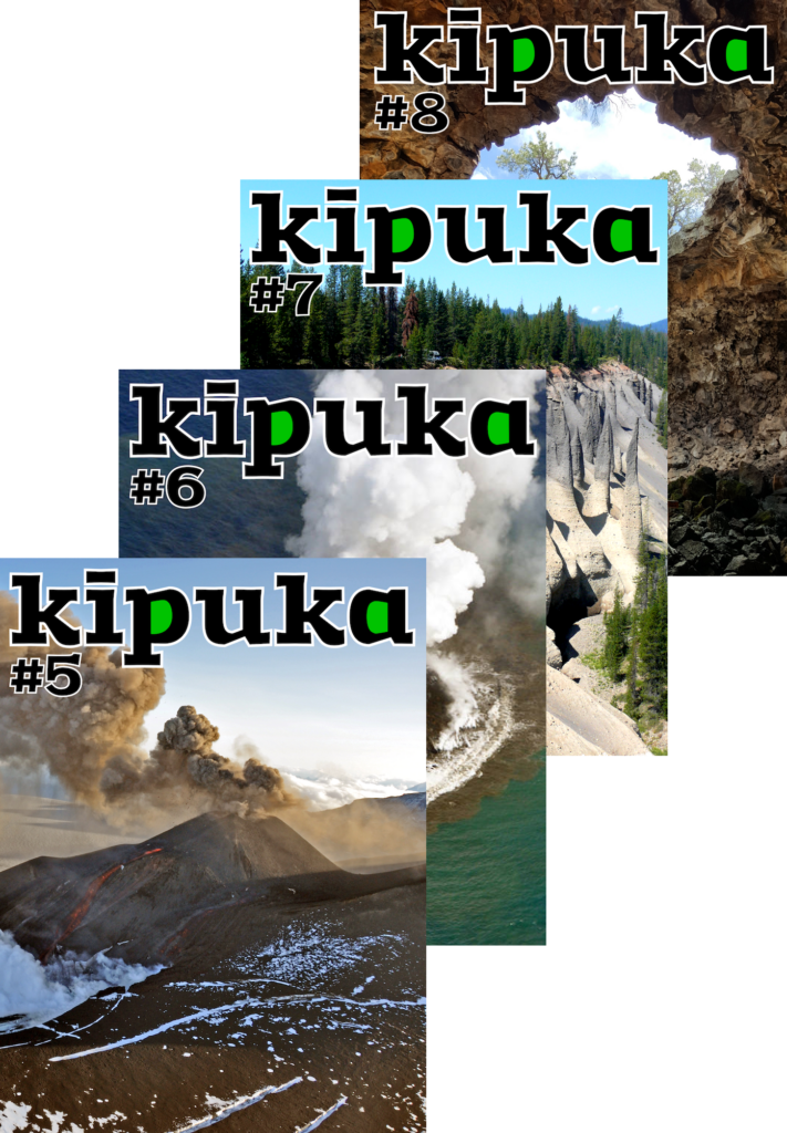 Quatre couvertures de kīpuka, revue de vulgarisation scientifique consacrée aux volcans.