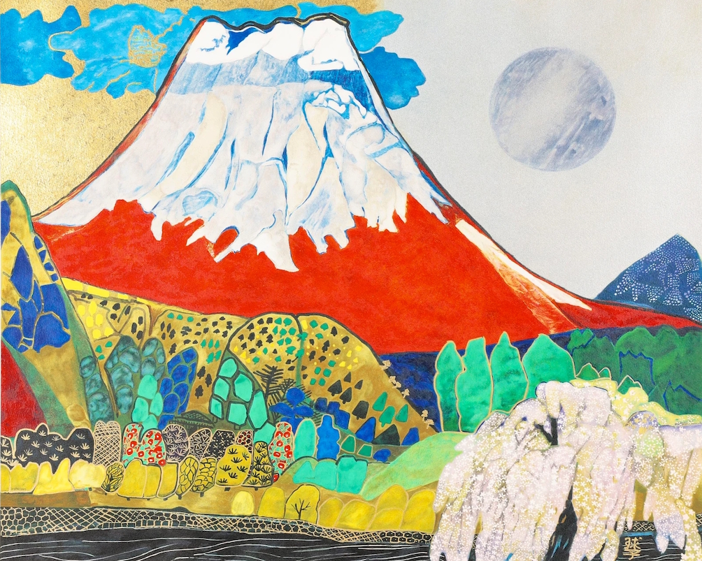 Tableau de Tamako Kataoka représentant un mont Fuji rouge.