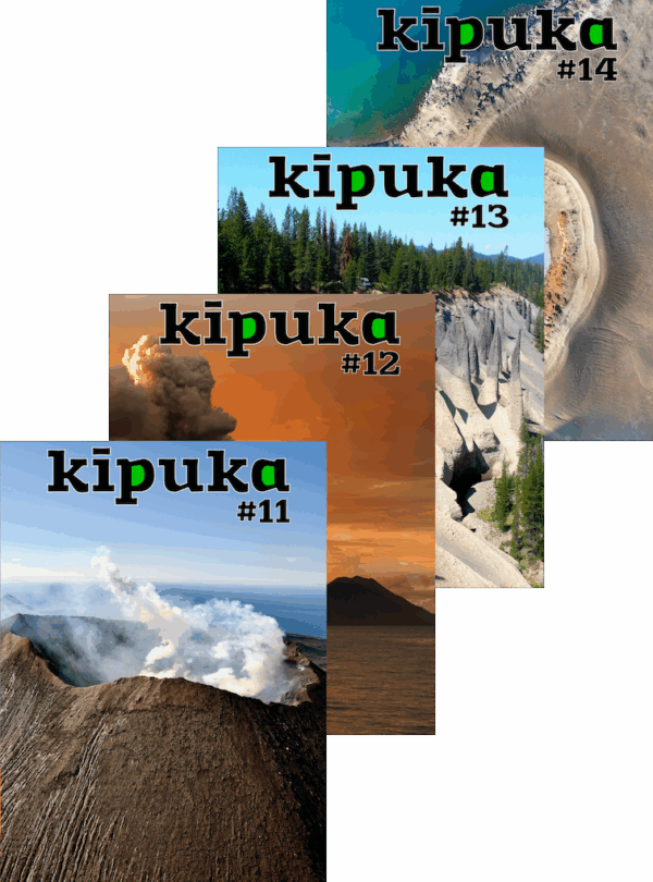 Quatre couvertures de kīpuka, revue de vulgarisation scientifique consacrée aux volcans.