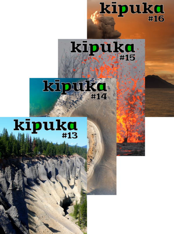 Quatre couvertures de kīpuka, revue de vulgarisation scientifique consacrée aux volcans.