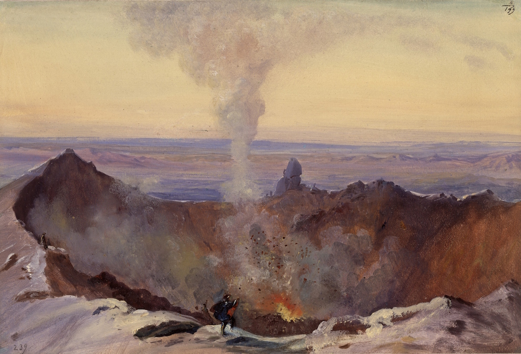 Vue dans le cratère du volcan Colima, huile sur carton de Johann Moritz Rugendas.