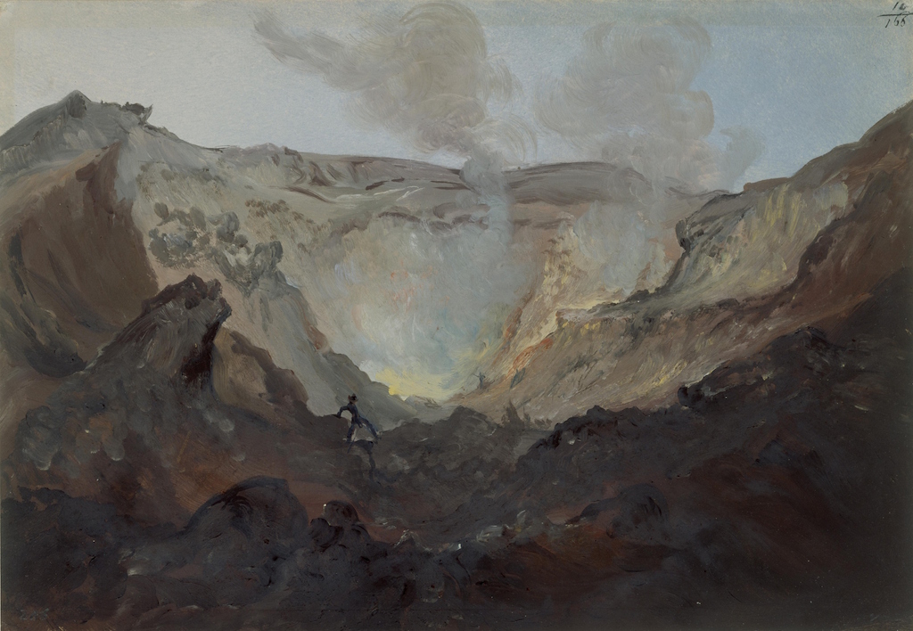 Bouche éruptive fumante du volcan Jorullo, huile sur carton de Johann Moritz Rugendas.