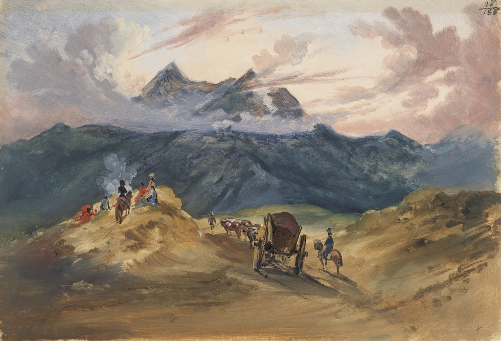 Nevado de Colima vu depuis la côte de Zapotlán, huile sur carton de Johann Moritz Rugendas.