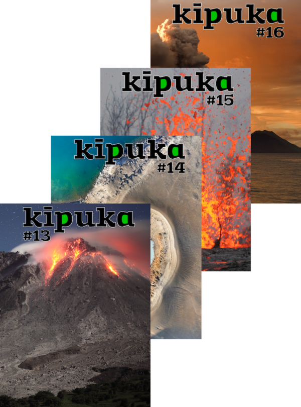 Quatre couvertures de kīpuka, revue de vulgarisation scientifique consacrée aux volcans.