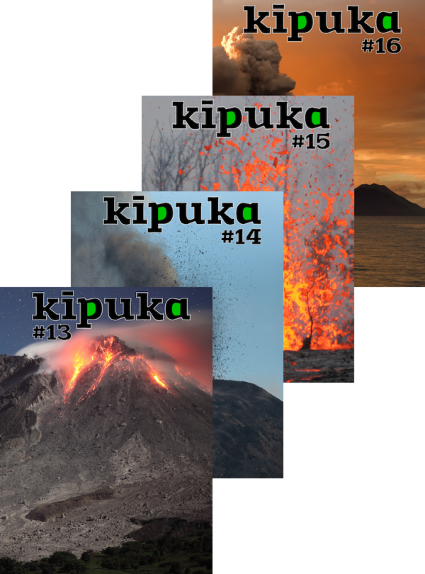 Quatre couvertures de kīpuka, revue de vulgarisation scientifique consacrée aux volcans.