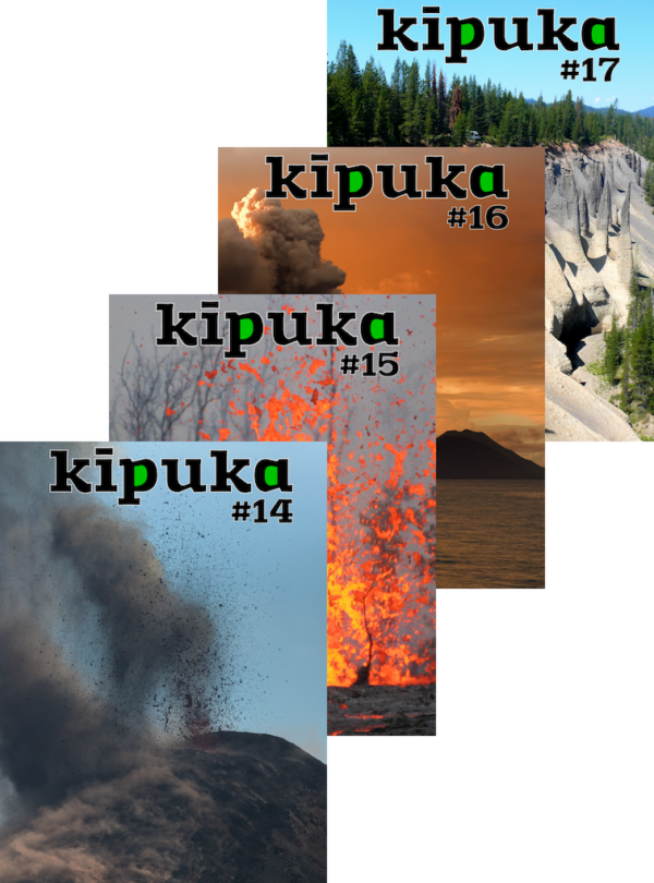 Quatre couvertures de kīpuka, revue de vulgarisation scientifique consacrée aux volcans.